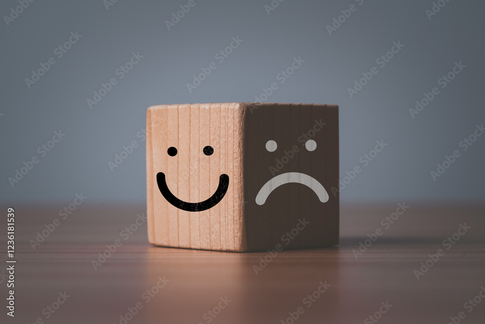 Poster smile face on bright of block and sad dace on dark of block for mental health and emotional mindset 