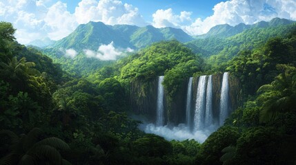 Fototapeta premium Majestic Waterfall Cascading into Lush Green Jungle Landscape