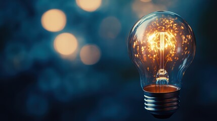 Light bulb glowing with bright filament, symbolizing creativity and innovation in business and technology. Concept of ideas, inspiration, and new solutions.