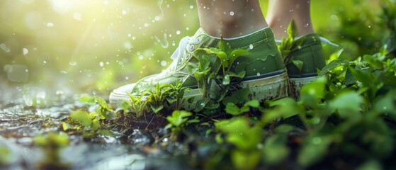 Trainers covered with greenery and leaves, walking along a path. Suitable for environmental projects, advertising of eco-products and design related to nature and outdoor activities.