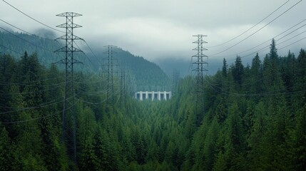 Tranquil Power Lines Cutting Through Dense Green Forest Landscape