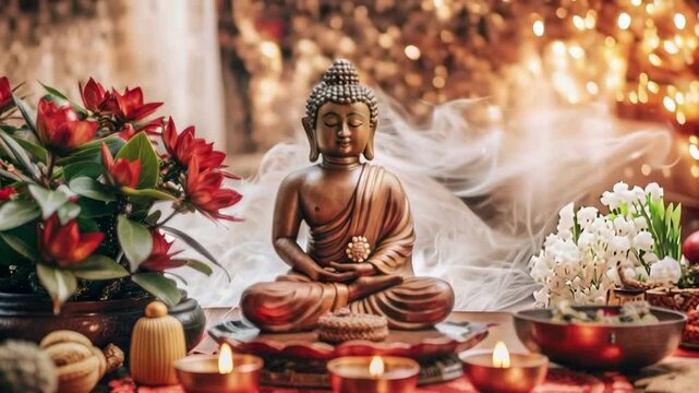 Happy Vesak Day, Buddha Purnima wishes greetings with buddha and lotus illustration. Can be used for poster, banner, logo, background, greetings, print design. abstract illustration design
