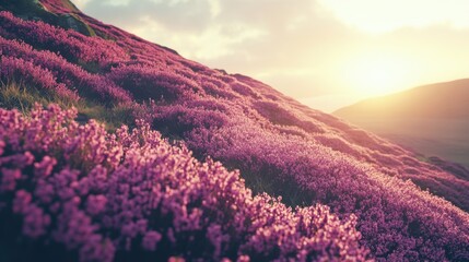 Obraz premium Beautiful Sunrise Over Blooming Purple Heather Fields in the Mountains of Nature's Majestic Landscape
