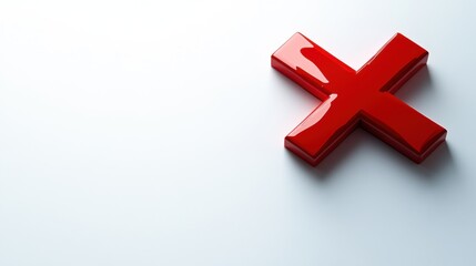 Fototapeta premium Red glossy cross symbol on a minimalistic background conveying error or cancellation message