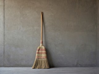 Traditional Straw Broom Leaning Against a Concrete Wall