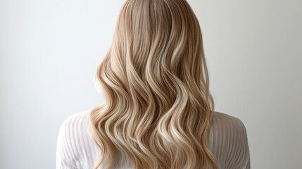 Naklejka premium Long, Wavy, Blonde Hair Cascading Down A Woman'S Back, Viewed From Behind Against A Neutral Background. The Image Exudes A Calm And Elegant Vibe.