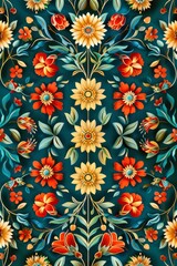 A vibrant floral pattern featuring bold red and yellow flowers against a rich teal background, ideal for textile design, wallpaper, or home decor projects that seek a lively touch,