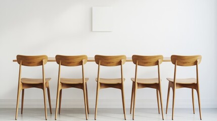 Minimalist Wooden Chairs Around A Table Against A White Wall With A Blank Canvas Hanging Above.