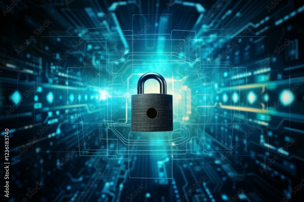 Poster secure lock floating in futuristic cyberspace, symbolizing digital data protection and network secur