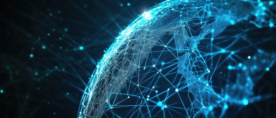 Global network connection with glowing digital globe, data flow and communication technology for internet, global business, finance and AI innovation.