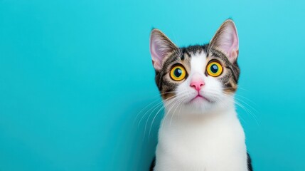 Obraz premium Cute cat with large yellow eyes against a blue background