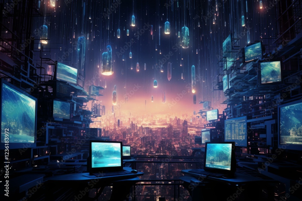 Poster futuristic data center with multiple computer monitors displaying data and visualizations, overlooki