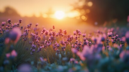 Naklejka premium Sunlit Lavender Field at Dawn with Soft Focus and Beautiful Sunrise in Background