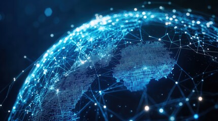 Global network illustration with interconnected digital connections, Earth, technology, data visualization, and global communication concepts on dark background.