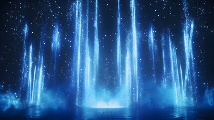 Blue Light Pillars Descending On Dark Surface