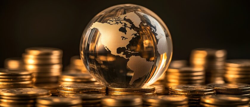 Globe, cryptocurrency coins and financial investment environment with abstract world map, digital currency growth, and global market trends for wealth management.