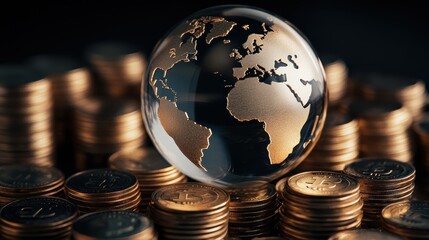 Globe, global finance and investment concept with stacked coins representing economic growth, currency exchange, wealth management and market trends.
