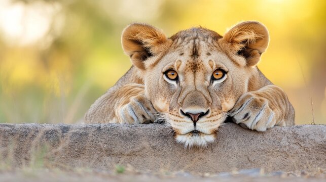 Young lioness peering over rock, savanna background, wildlife photography, perfect for nature documentaries