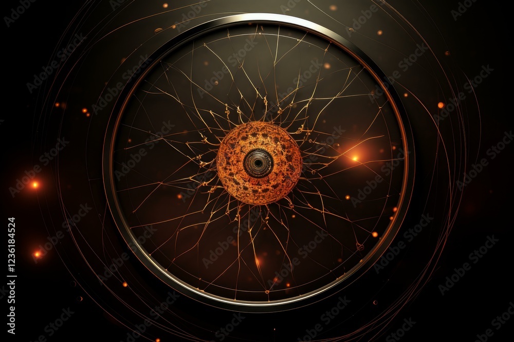 Poster 3d render of a golden cell generating energy and surrounded by a metallic frame, creating a contrast