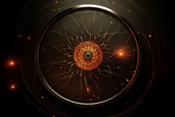 3d render of a golden cell generating energy and surrounded by a metallic frame, creating a contrast between biological and technological concepts