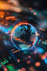 Globe surrounded by digital data and financial charts, representing global market trends, investment opportunities, and analytics in the world economy.