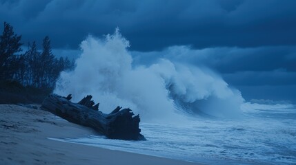 Fototapeta premium Dramatic Ocean Waves Crashing on Shoreline with Logs and Dark Stormy Clouds at Dusk