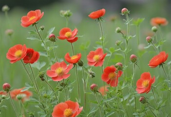 Naklejka premium Vibrant Scarlet Avens: A Bright Red Floral Display Amidst Lush Greenery