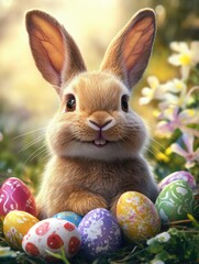 Rabbit sitting with Easter eggs
