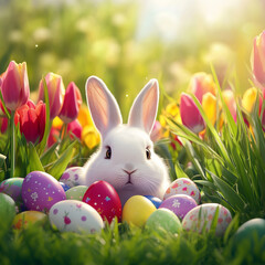 Fototapeta premium Playful white rabbit surrounded by brightly painted Easter eggs and colorful tulips in a sunny garden for a cheerful springtime moment