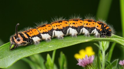 Fototapeta premium Orange And Black Hairy Caterpillar On Green Leaf