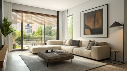 Fototapeta premium A Modern Living Room With Beige Sofa, Large Windows, And Abstract Art. The Room Is Bright And Airy With A Calm And Relaxing Atmosphere.