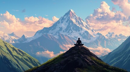 Serene Meditation at Sunrise in Front of Majestic Mountain Range