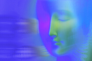 Obraz premium Soft abstract face with calm expression and gradient glow in blue, purple, and green tones on smooth backgrounds, perfect for serene designs.