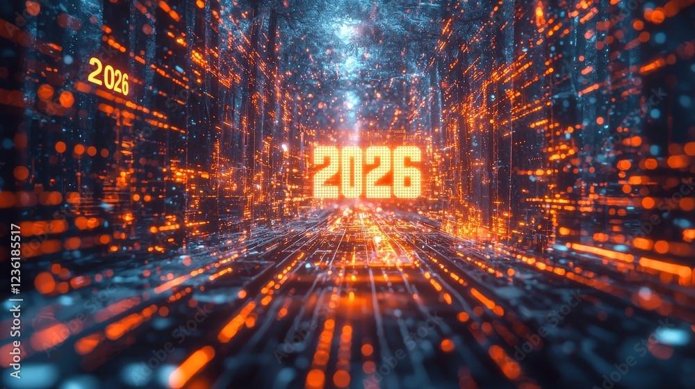Fototapete futuristic digital tunnel with holographic elements and glowing numbers representing year 2026