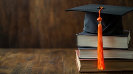 Graduation cap atop stacked books symbolizing education and achievement, representing academic success, learning and future opportunities for students.
