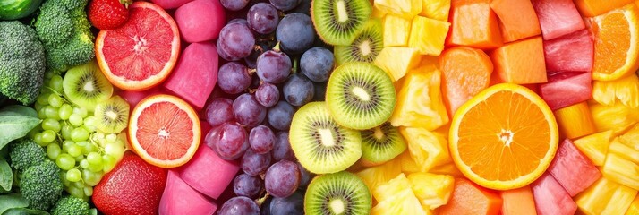 Rainbow of fresh, colorful fruits and vegetables arranged in a vibrant, healthy pattern.