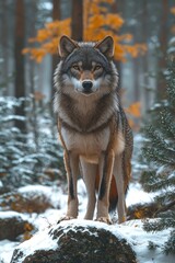 Naklejka premium Majestic Wolf Stands Proud in Winter Forest