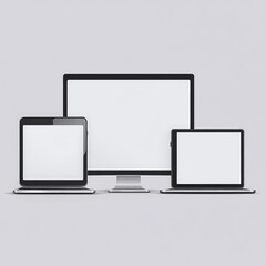 Device screen mockup. Smartphone, tablet, laptop and monoblock monitor, with blank screen for you design. PNG. Vector illustration