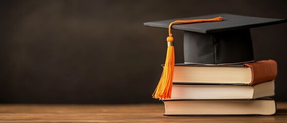 Graduation cap on stacked books representing education success, academic achievement, and the journey of students in learning and knowledge growth.