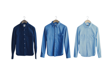 3 mens shirt blue theme colorhang on wallfront isolated on transparent or white background, png