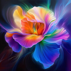 Fototapeta premium Colorful abstract fractal flower with swirling patterns and vibrant lighting, perfect for imaginative wallpaper or decorative background with a dreamy, blurred effect