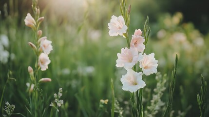 Soft Pink Gladiolus Flowers in a Sunny Green Field