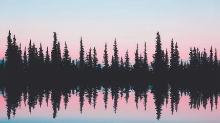 Fototapete Wald im Nebel Misty Forest Silhouette Against Calm Water at Dawn with Soft Pink and Blue Sky Background  © FarhaStock