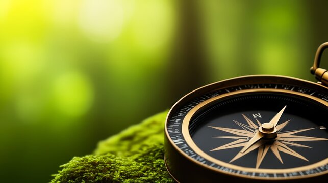 A close-up of a vintage compass resting on lush green moss, set against a soft, blurred nature backdrop, This image is ideal for themes of exploration, adventure, and navigation in outdoor contexts,