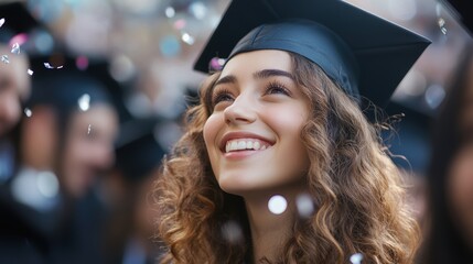 Graduation ceremony with joyful graduate in cap and gown, celebrating achievements with friends and family, capturing memorable moments and future aspirations.
