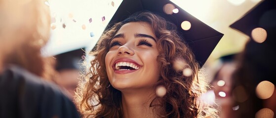 Graduation ceremony with joyful student wearing cap and gown, celebrating achievement among friends and family, capturing memorable moments of success.