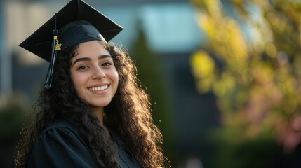 Graduation day celebration with a smiling student in cap and gown outdoors, representing academic success and future opportunities in education and career paths.