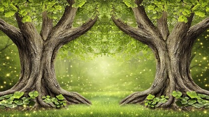 Fototapeta premium Enchanted forest trees, glowing background, magical scene, nature backdrop