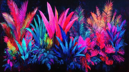 Vivid and Colorful Tropical Flora Display with Bright Neon Hues and Exotic Plant Varieties