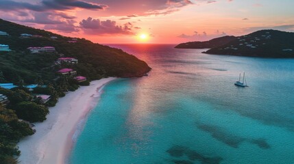 Fototapeta premium Breathtaking Beach Sunset Over Calm Waters in the Caribbean with Lush Green Hills and Clear Sky